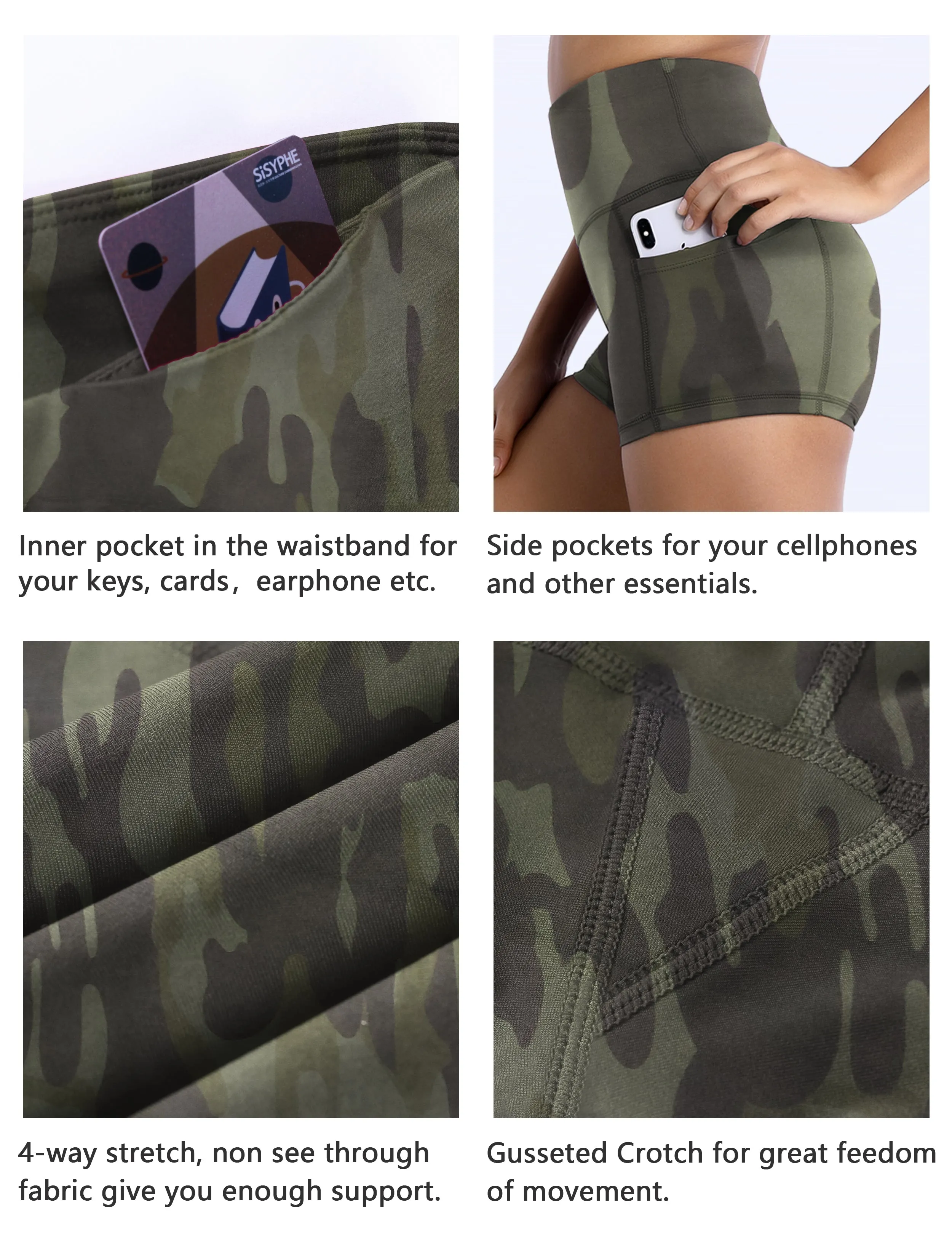 2.5" Printed Side Pockets Pilates Shorts green camo_Pilates