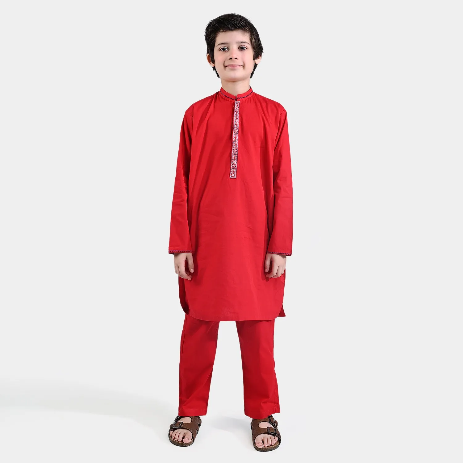 Boys Cotton Poplin Two-Piece (Funky Motif)-Red