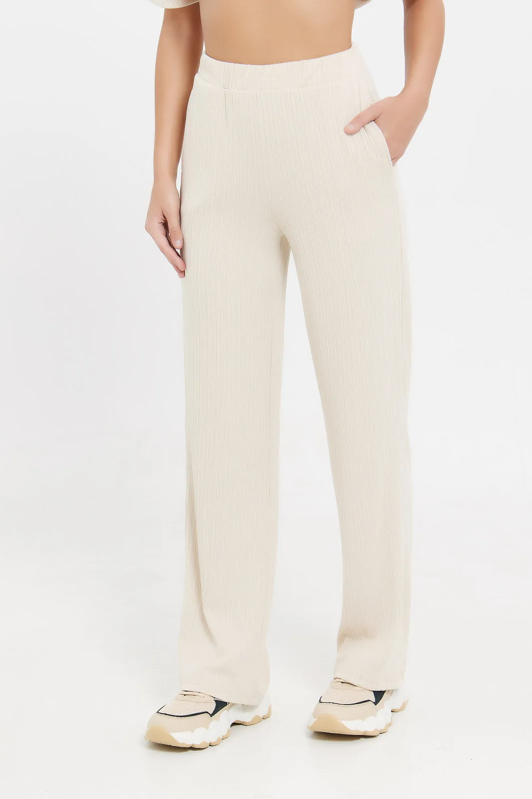Women Beige Trouser With Elasticated Waist Band