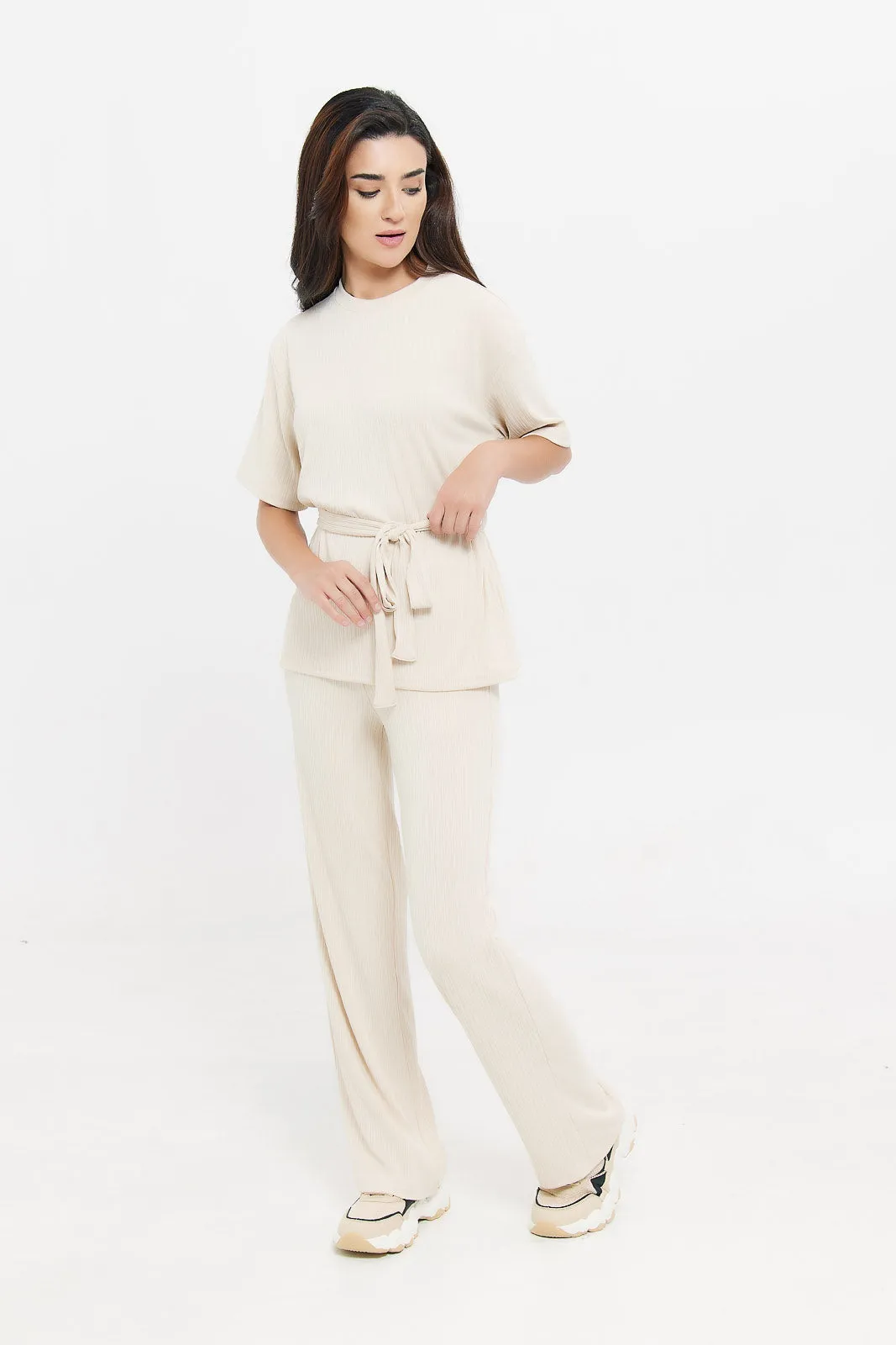 Women Beige Trouser With Elasticated Waist Band