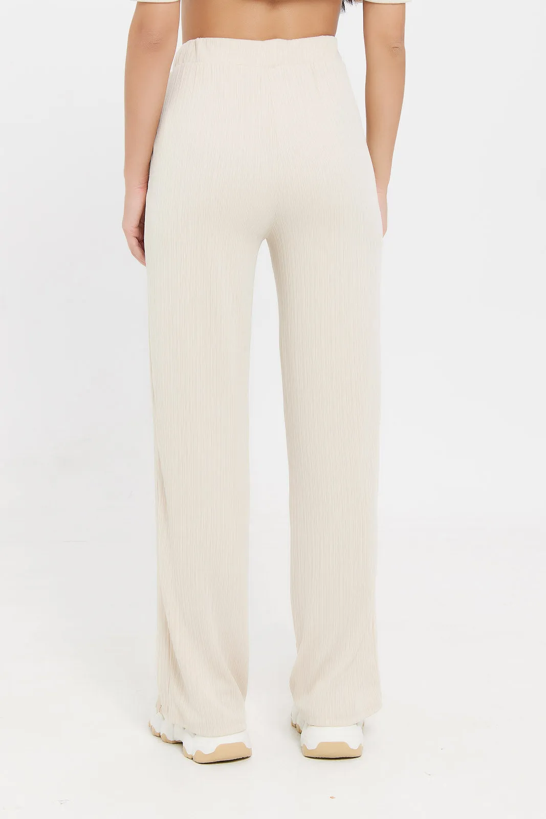 Women Beige Trouser With Elasticated Waist Band